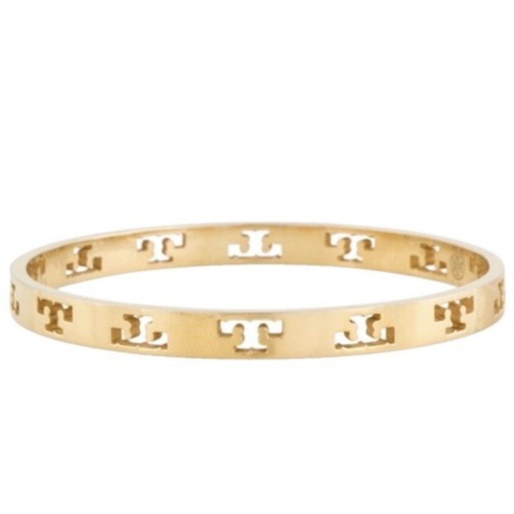Tory Burch Gold Plated Reva Cut Out T Logo Bangle Bracelet